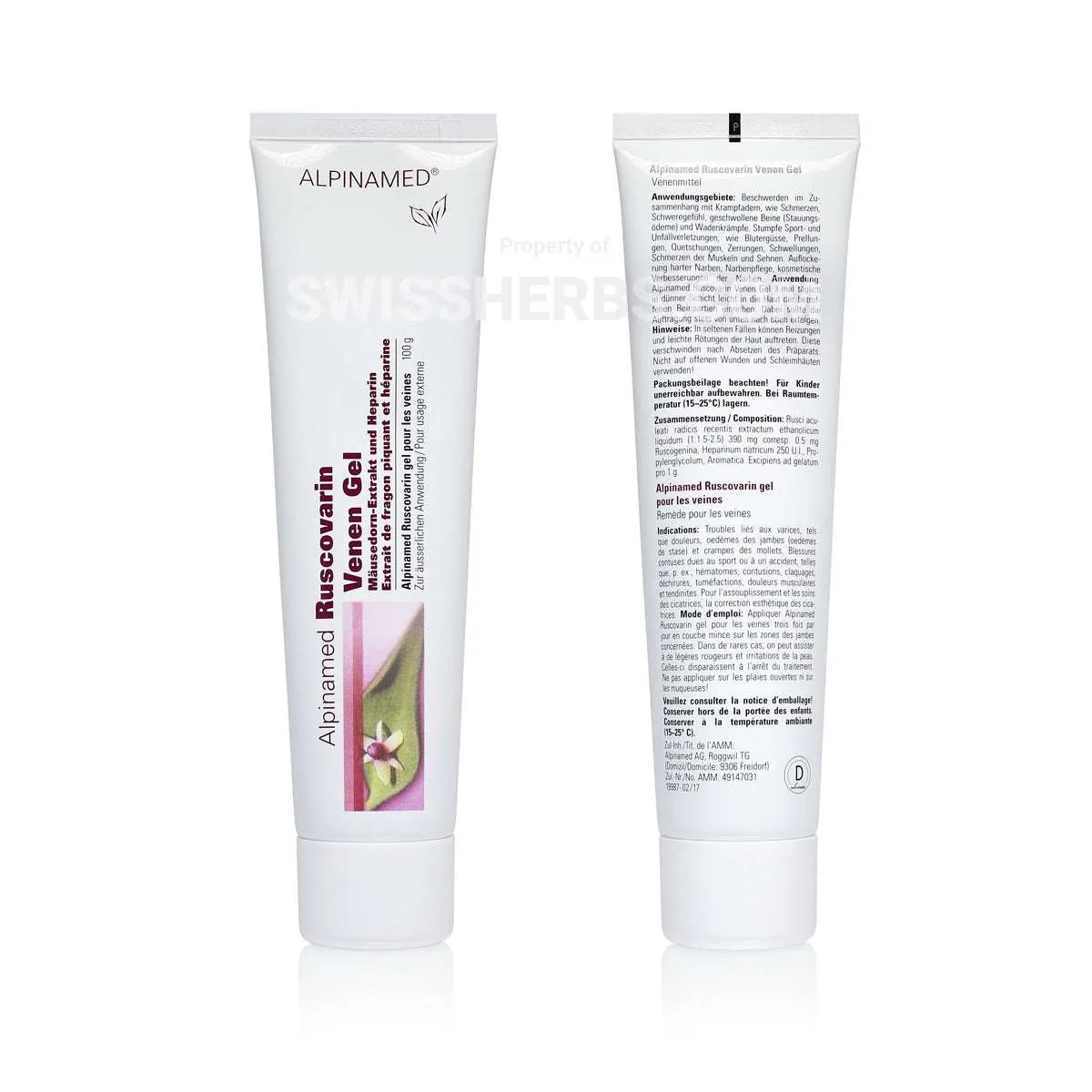 Alpinamed, Ruscovarin vein gel with butcher's broom extract and heparin, against varicose veins, accidental injuries, scar care  100 g.