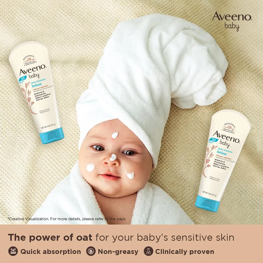 Aveeno Baby Daily Moisture Lotion (227g) | With oat flour, glycerin, and dimethicone | Hypoallergenic, fragrance-free, pediatrician recommended | Nourishes, soothes, & protects baby's sensitive skin